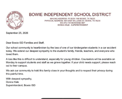 Bowie ISD Mourns Student’s Death as School Community Grieves Loss of Young Learner